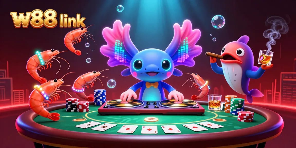 Engage with the vibrant w88 link scene featuring the axolotl DJ and dynamic casino elements.