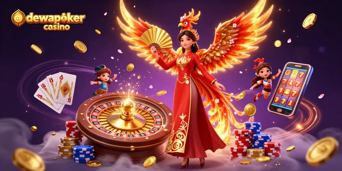 Experience excitement at dewapoker casino with vibrant 3D illustration showcasing slots, cards, and stunning visuals.