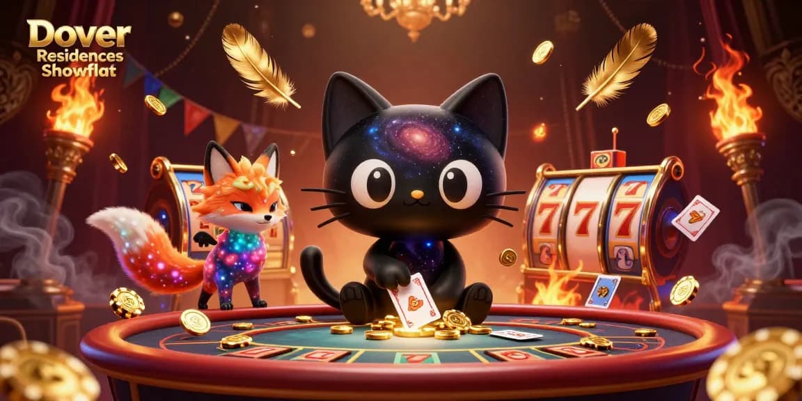Dover Residences Showflat menampilkan kucing lubang hitam cantik dengan motif galaksi yang menarik chip emas dan kartu di meja kasino.