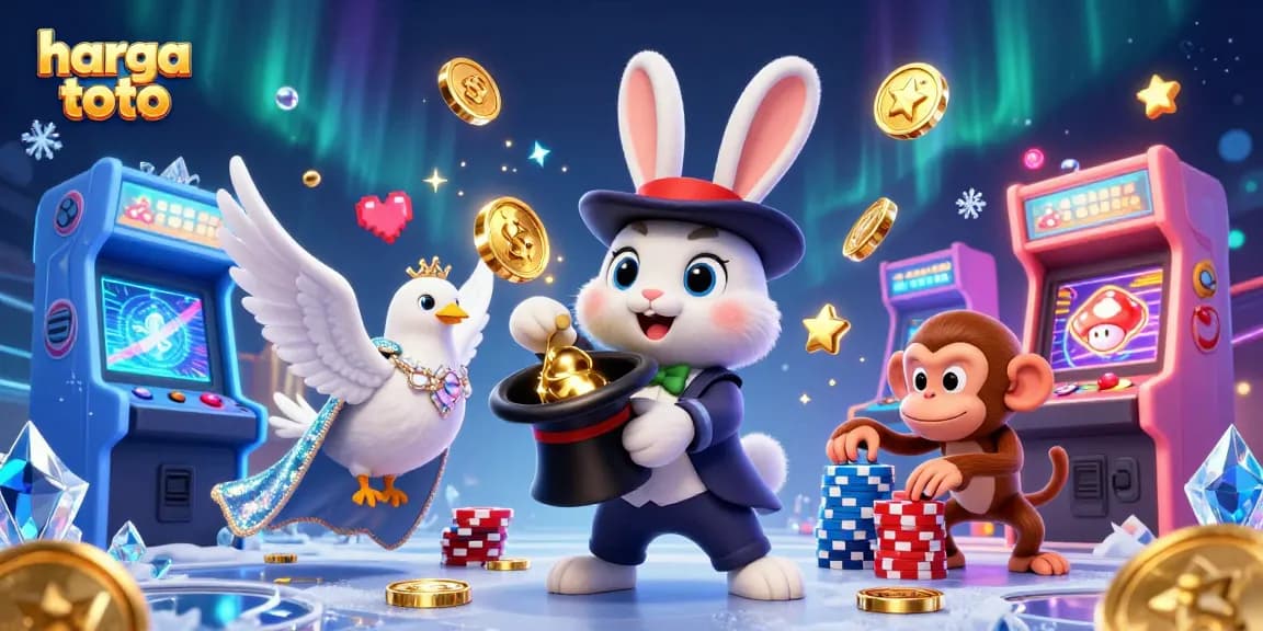 Experience magic in gambling with harga toto, featuring a magician pulling coins, a dove, and a clever monkey.