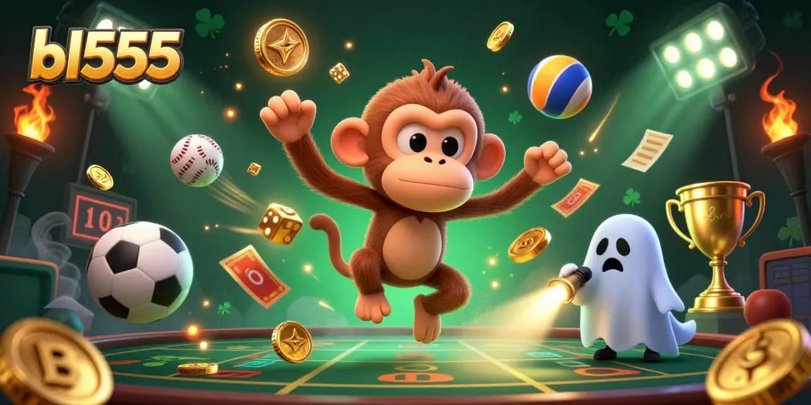 Experience the thrilling world of bl555 with a poltergeist monkey juggling in a dynamic casino scene.