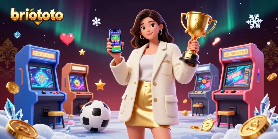 Briototo sports betting scene featuring a vibrant Asian woman holding a betting app amidst glowing casino elements.