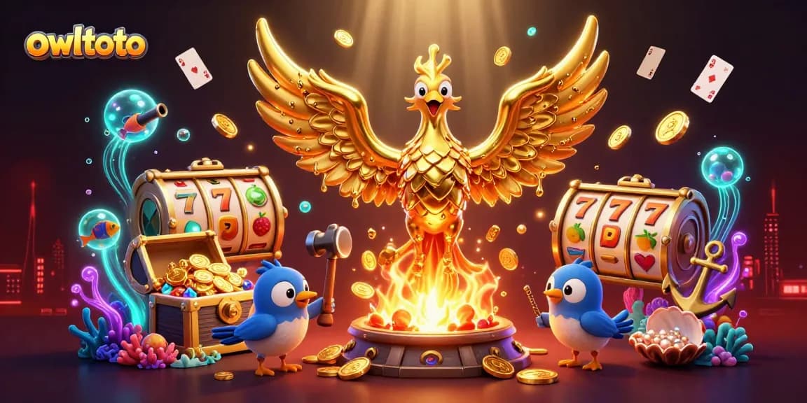 Engage in dynamic gaming with owltoto, showcasing a molten phoenix surrounded by dazzling slot elements.