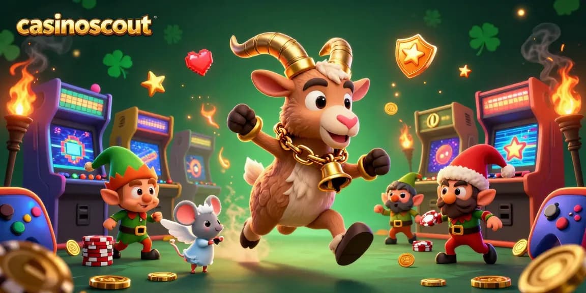 Experience the thrill at casinoscout with a 3D Krampus character managing a busy holiday-horror casino scene.