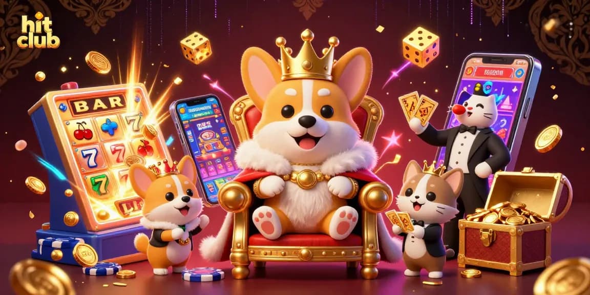 Experience the excitement at hit club with a vibrant scene featuring a royal corgi and dynamic casino elements.