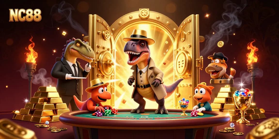 NC88 gameplay scene with a velociraptor card counter at a blackjack table surrounded by sparkling treasures.