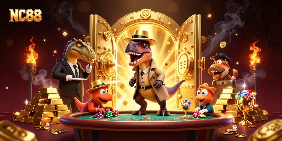 NC88 gameplay scene with a velociraptor card counter at a blackjack table surrounded by sparkling treasures.