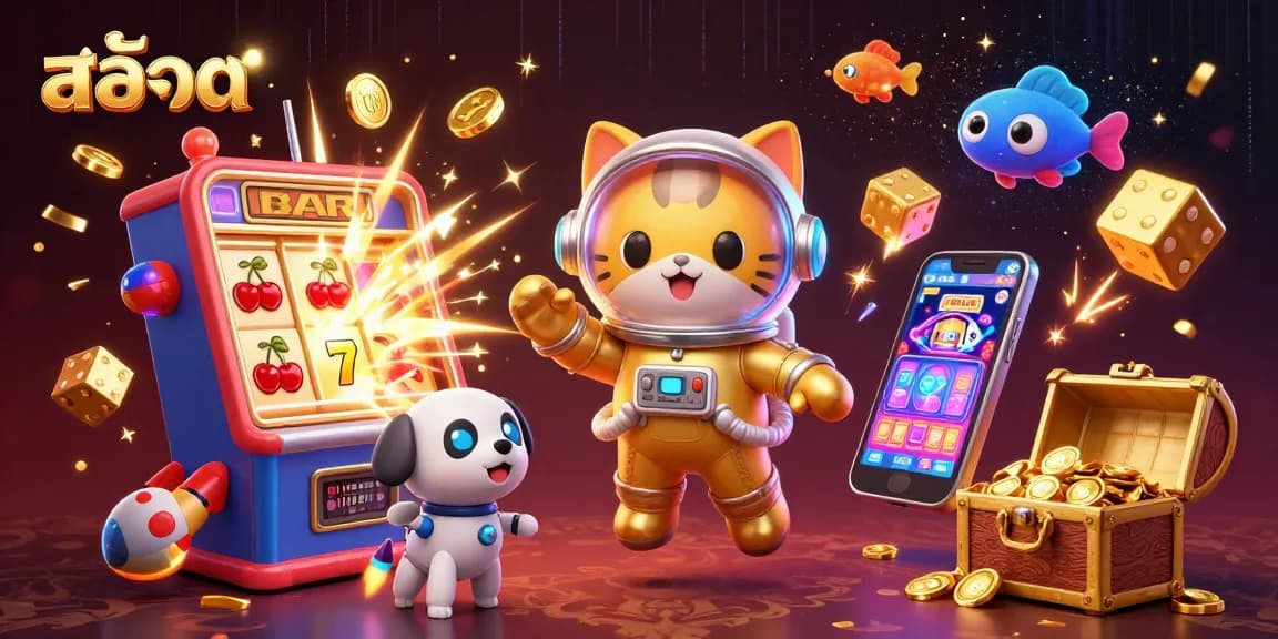 หมุนสล็อตในโลกแห่งความตื่นเต้นกับภาพการ์ตูน 3D ที่มีกล่องสมบัติและหน้าจอเกมมือถือ