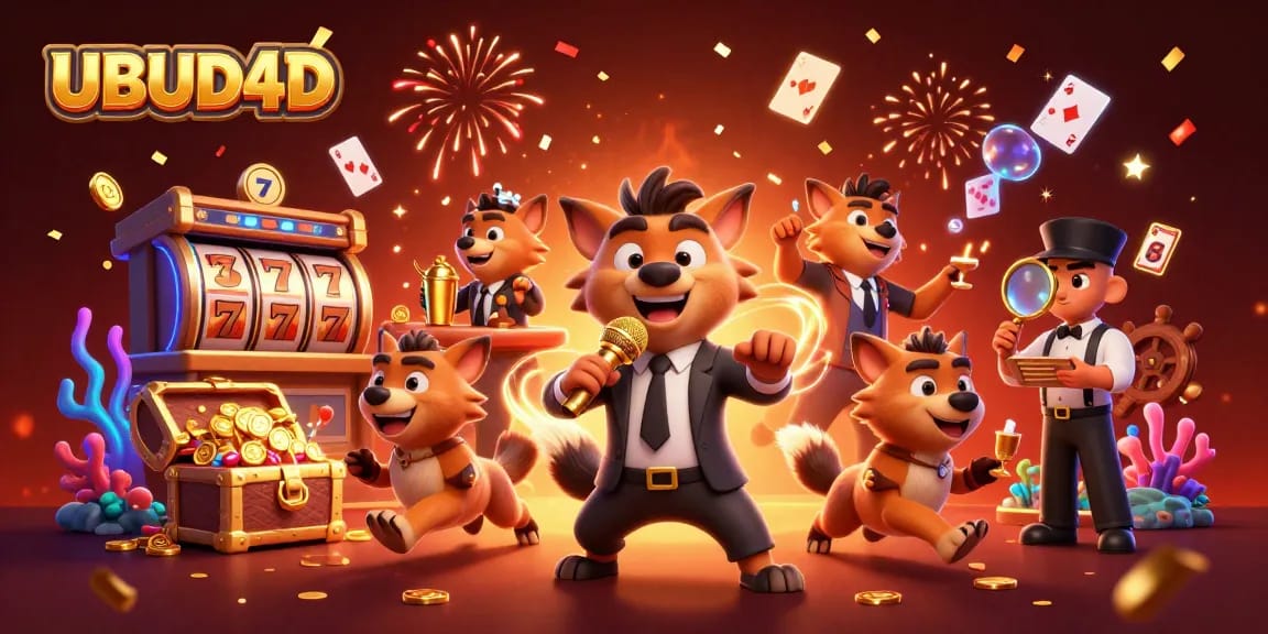 Experience UBUD4D's thrilling slot games and dynamic action in this vibrant 3D casino illustration.