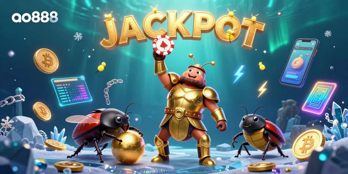 Celebrate a significant win at ao888 with a joyous scene of cartoon beetles and glowing coins.