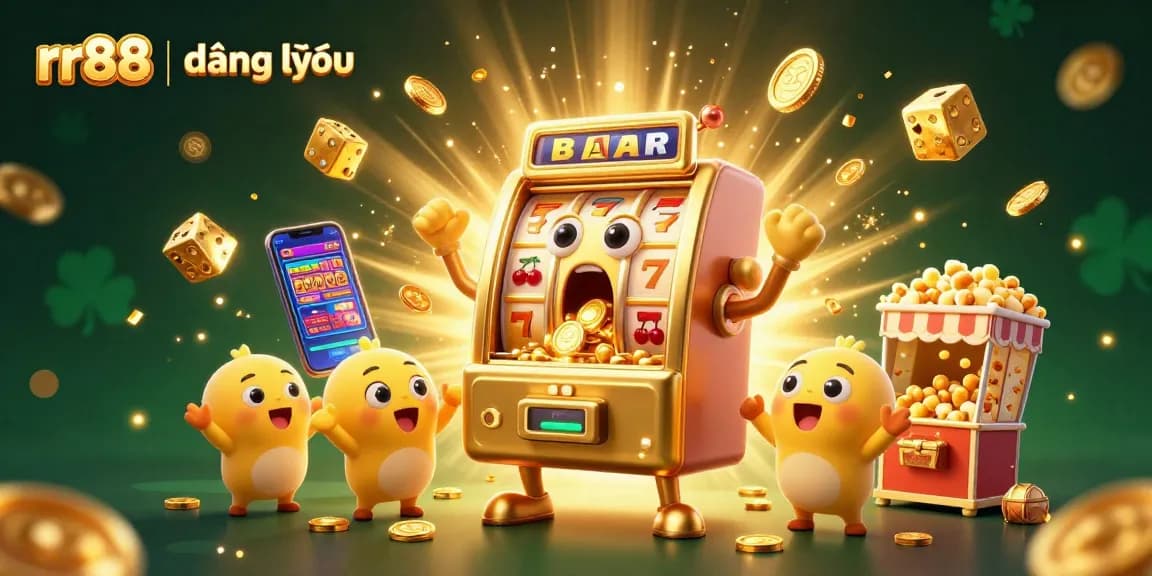 Experience the excitement of rr88 | đăng nhập with a golden slot machine hitting the jackpot amidst a flurry of coins and cheerful baby machines.