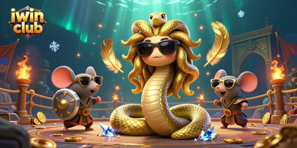 Win big with iwin club in a colorful 3D gambling scene featuring Medusa and golden elements.