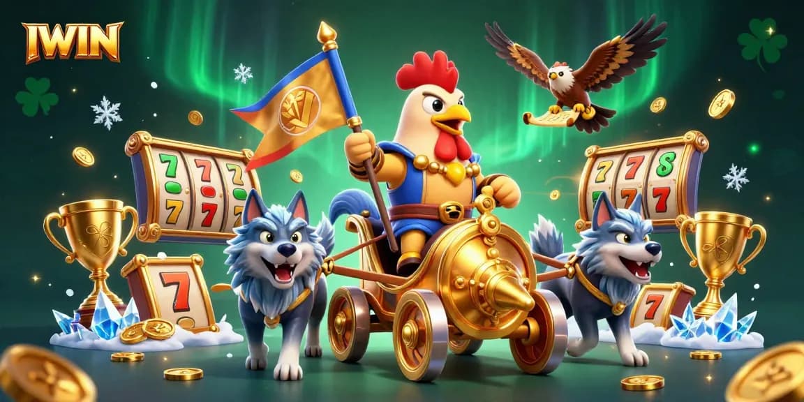 IWIN showcases thrilling gameplay with a rooster warlord in a dynamic casino scene full of slot elements.