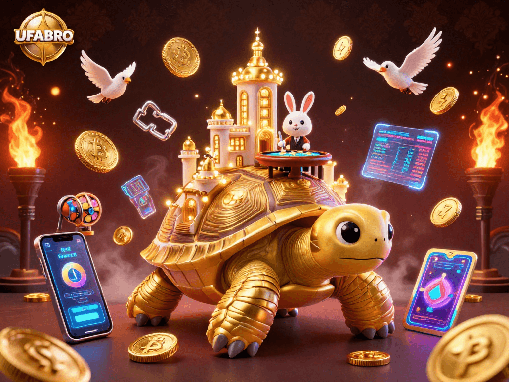 Experience thrilling wins at UFABRO with a vibrant 3D animated casino scene featuring a golden tortoise.