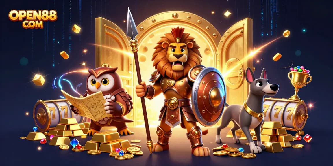 Experience the excitement of OPEN88 COM with thrilling gaming elements and vibrant illustrations.