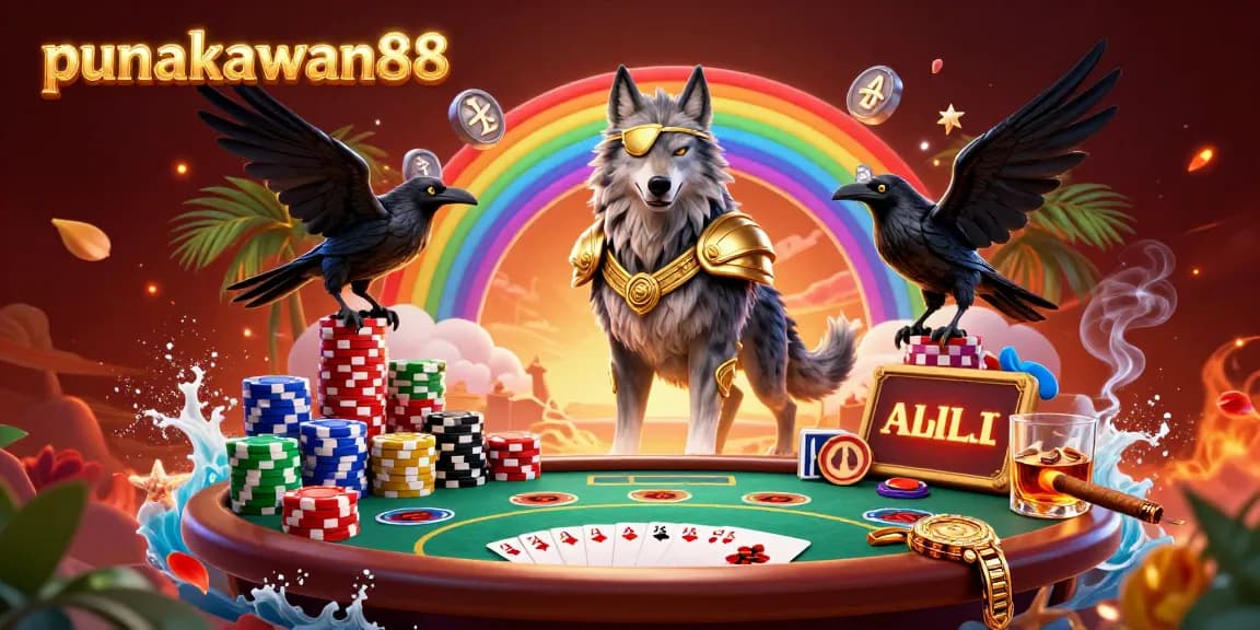 Punakawan88 immerses players in an exciting casino world with a Norse wolf and ravens amid vibrant games.
