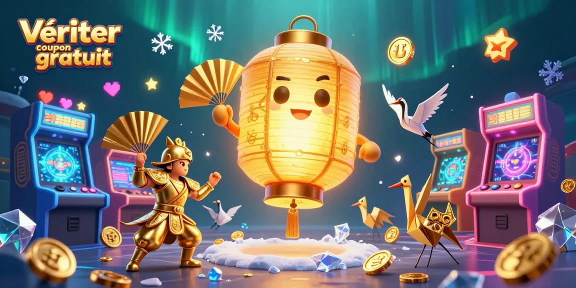 Vérifier coupon gratuit avec une illustration de casino présentant des personnages enjoués et des machines à sous scintillantes.