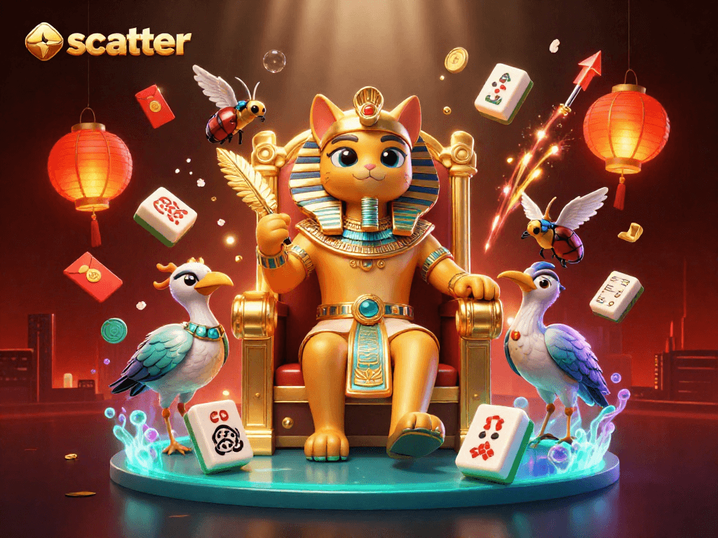 Engage with scatter gameplay featuring a Pharaoh cat on a throne, bursting with festive decorations.