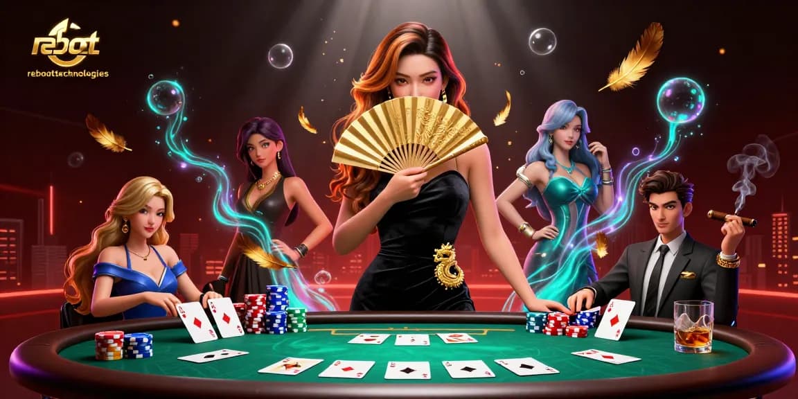 Engage in thrilling poker action with reboottechnologies featuring a captivating Asian woman amidst poker chips and golden particles.