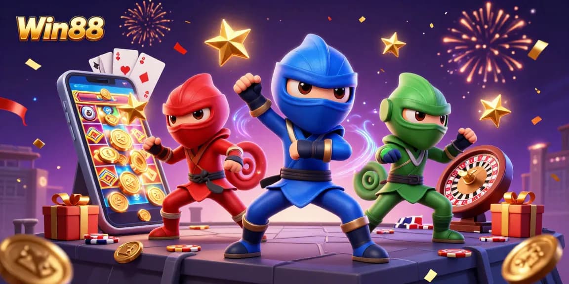 Experience thrilling gameplay at Win88 with animated characters engaging in synchronized martial arts amidst vibrant casino elements.