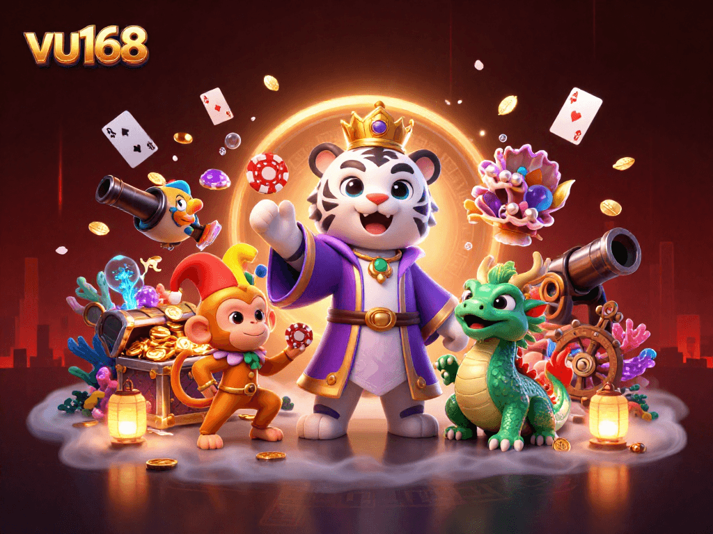 Engage with top-tier gambling action at vu168 featuring vibrant characters in a dynamic cartoon scene.