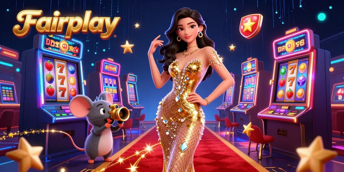 Experience Fairplay excitement with a glamorous woman and a golden camera mouse in a vibrant casino scene.