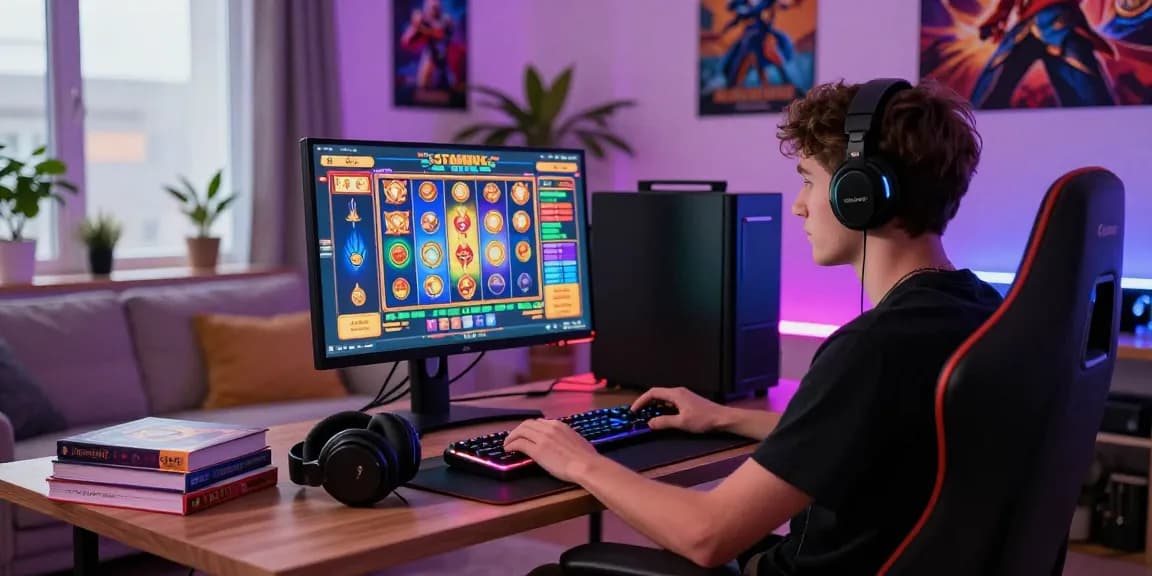 Gamer menikmati permainan slot jackpot di ruang bermain modern dengan pencahayaan warna-warni