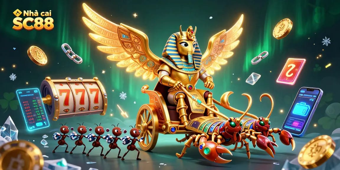 Play slots and unlock treasure with Nhà cái SC88, featuring vibrant characters and dynamic casino elements.
