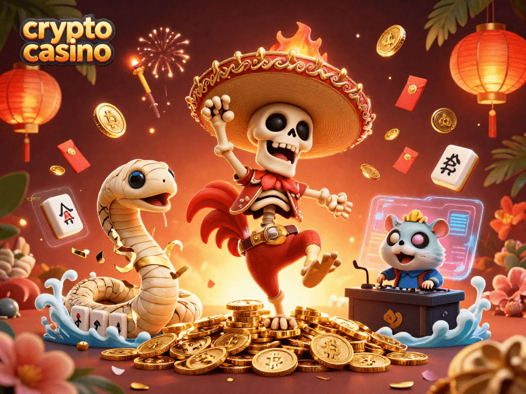 Engage with the vibrant crypto casino scene featuring a skeleton mariachi rooster, mummy snake, and DJ hamster.