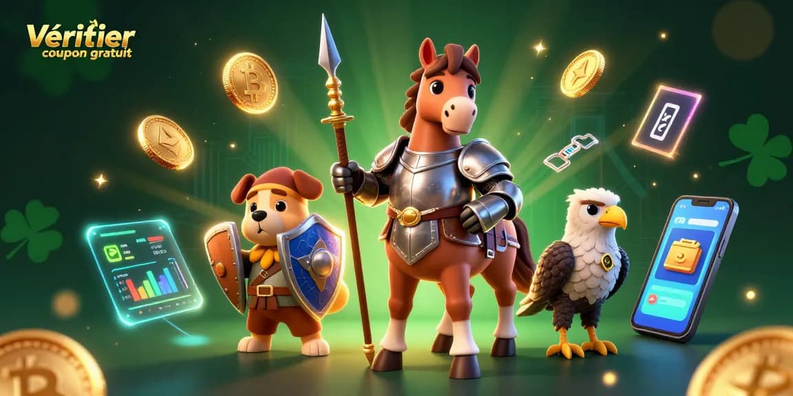 Vérifiez coupon gratuit avec les personnages 3D de chevalier, chiot, et faucon, illustrant le monde des paris.