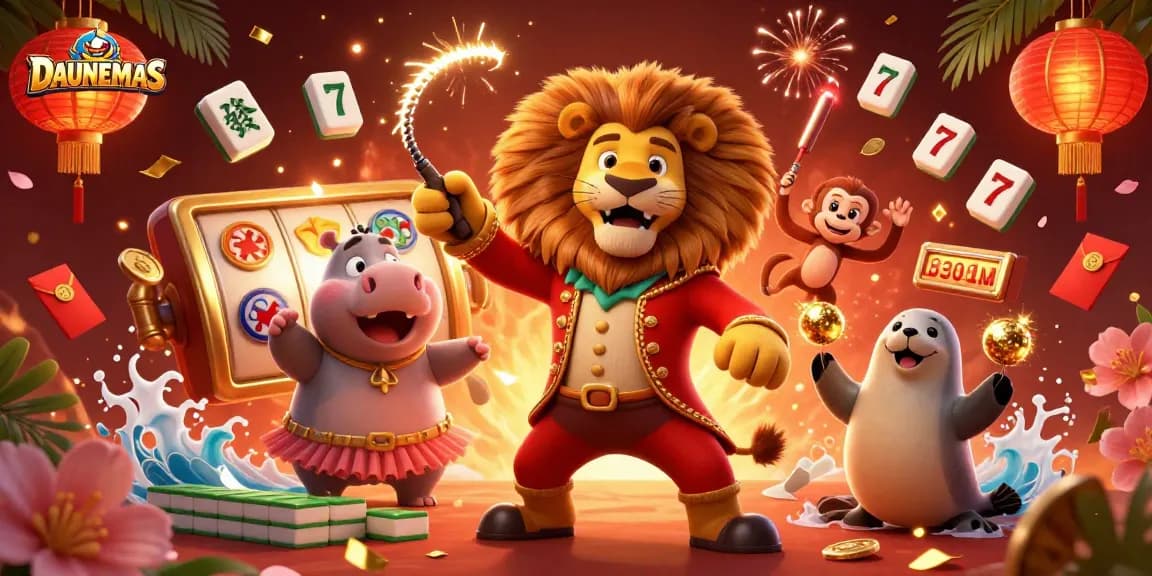 Engage with DAUNEMAS by celebrating thrilling slot adventures amidst vibrant casino characters.