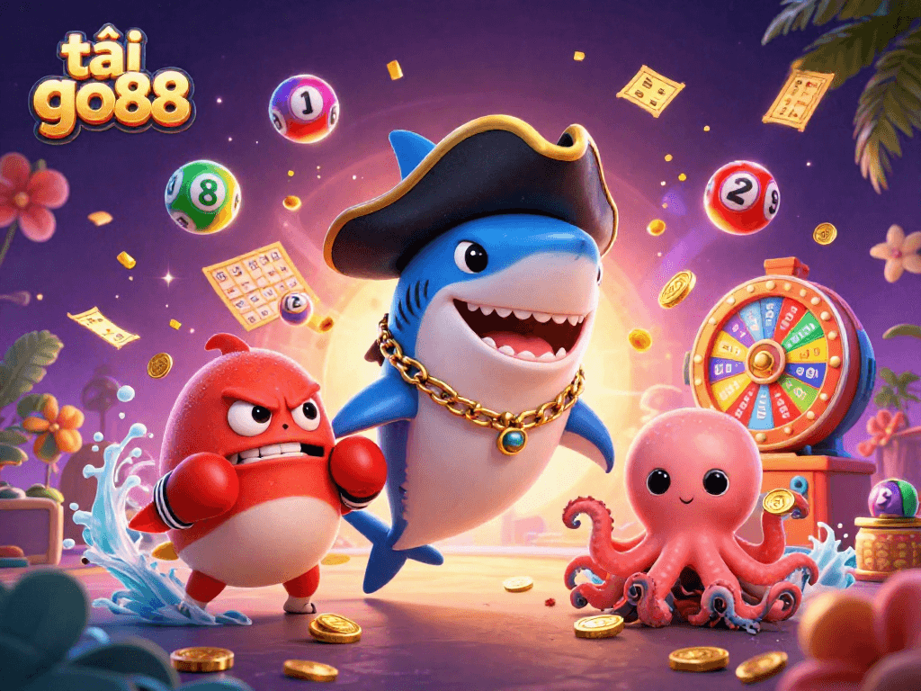 Experience the excitement of tải go88 with vibrant lottery elements and playful characters in a dynamic casino-themed 3D illustration.