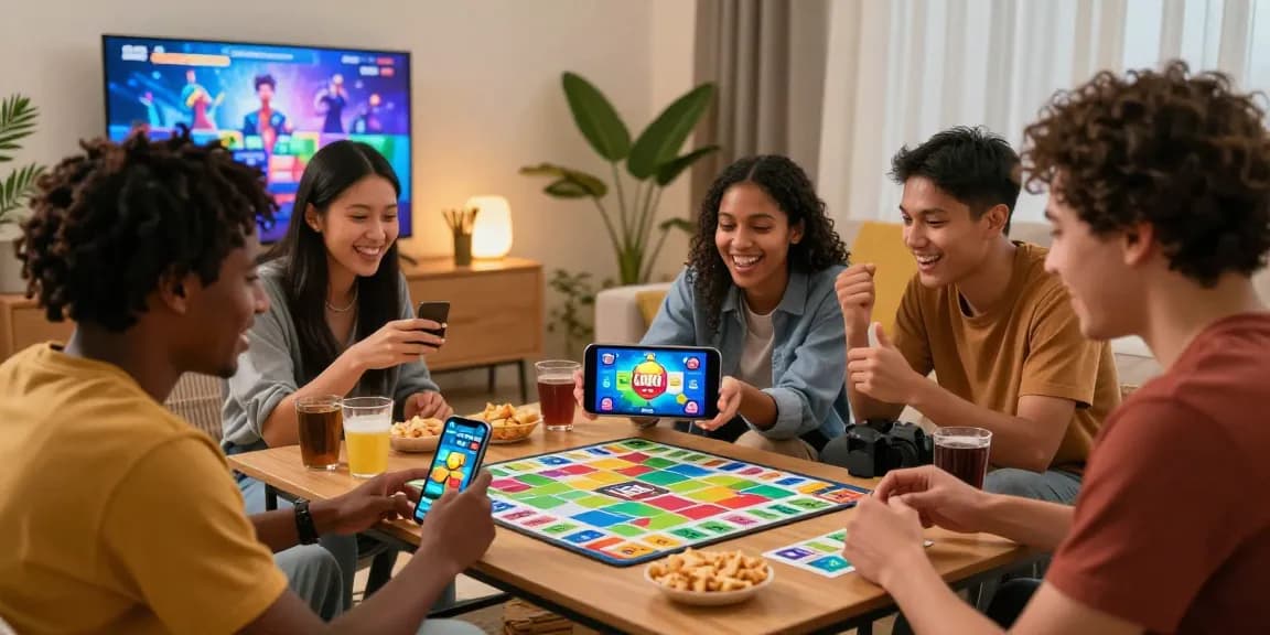 A group of friends playing Card Rummy on their smartphone at home, showcasing the fun and engaging gaming experience at https://cardrummy.org.pk/