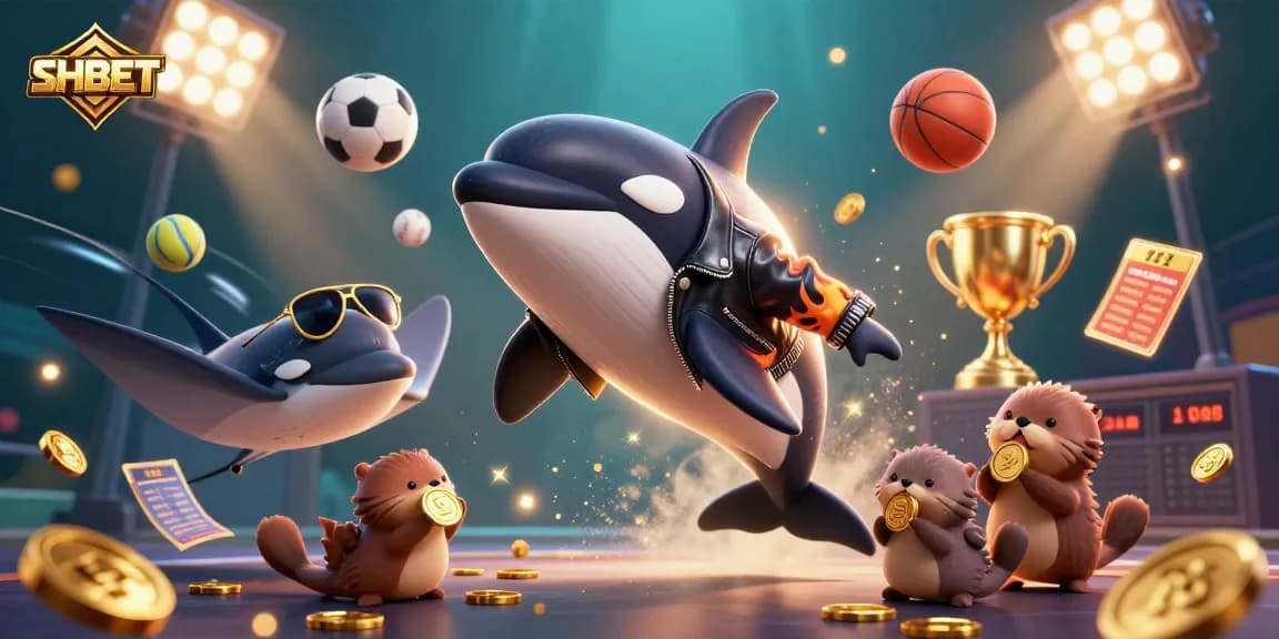 Join the excitement at SHBET as a 3D orca and friends celebrate winning moments in a vibrant casino scene.