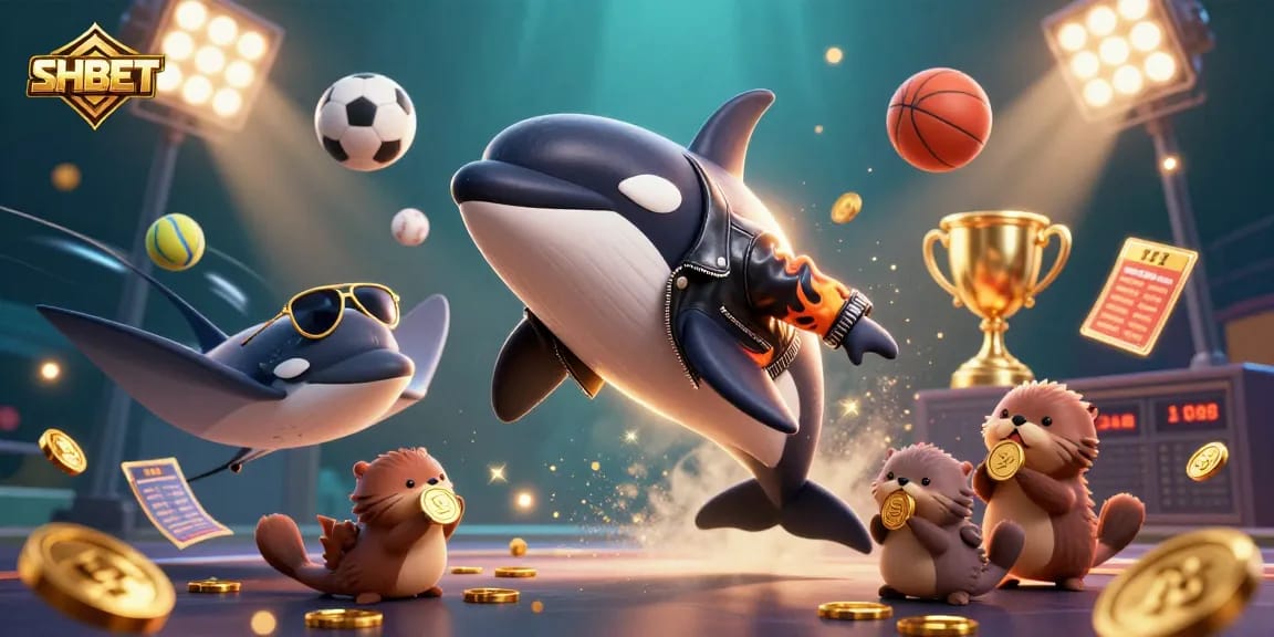 Join the excitement at SHBET as a 3D orca and friends celebrate winning moments in a vibrant casino scene.