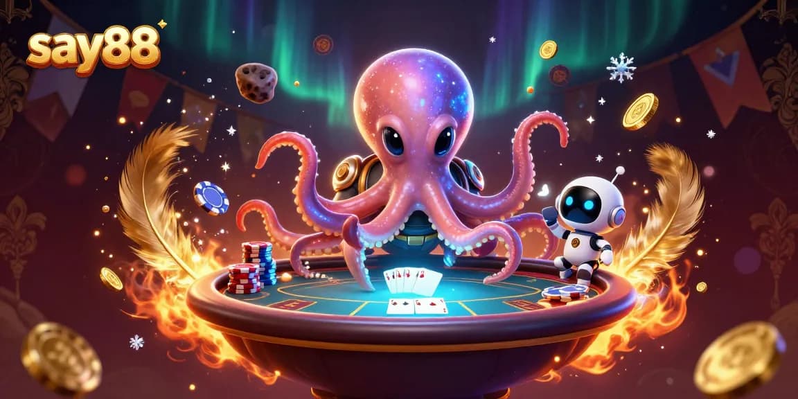Experience thrilling gaming adventures at say88 with a vibrant illustration of an alien octopus playing poker.