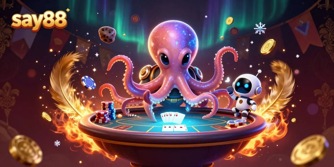 Experience thrilling gaming adventures at say88 with a vibrant illustration of an alien octopus playing poker.