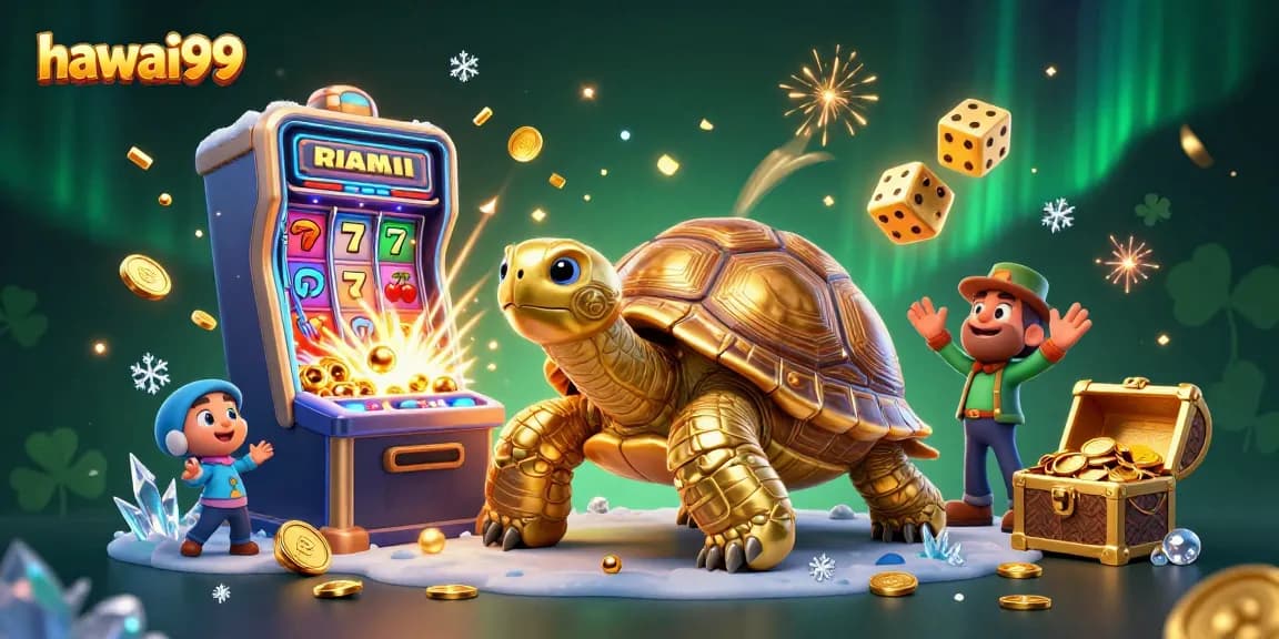 Hawari99 slot-themed scene featuring a golden tortoise, vibrant slots, and casino game elements.
