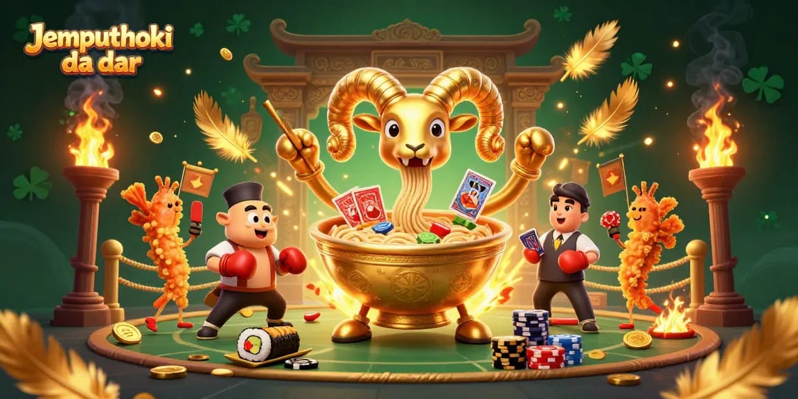 Engage in epic gaming with Jemputhoki daftar featuring a golden ramen bowl and dynamic casino elements.