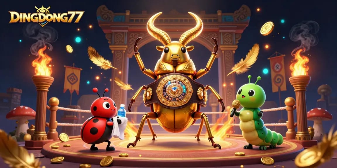 DINGDONG77 showcases a vibrant 3D casino scene with a golden beetle and playful characters in action.