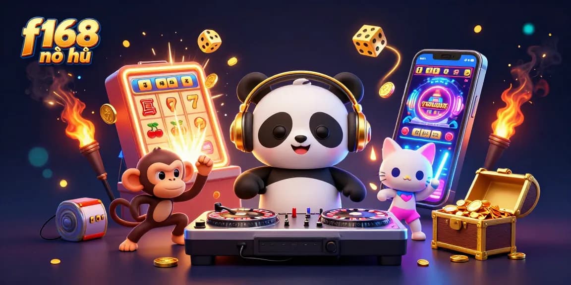 Experience the excitement of f168 nổ hũ with spinning slot machines and dancing characters in a vibrant casino scene.