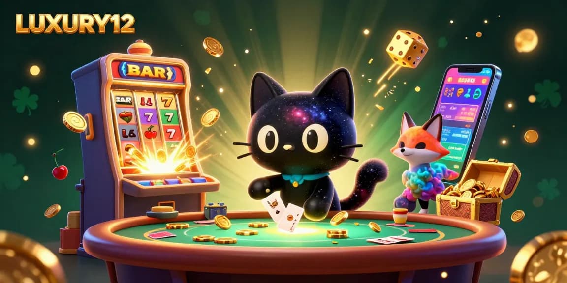 LUXURY12 captivates players at a cosmic casino table, surrounded by exciting slot games and golden jackpots.