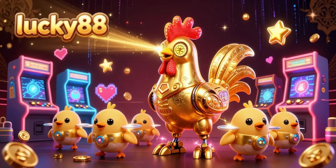 Experience thrilling gameplay at lucky88 with a golden rooster robot and vibrant casino games.