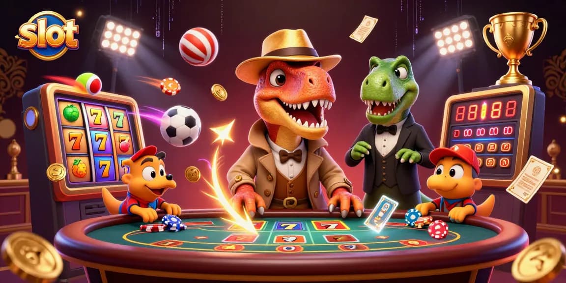 Slot menampilkan velociraptor bermain blackjack dan mencuri chip di kasino