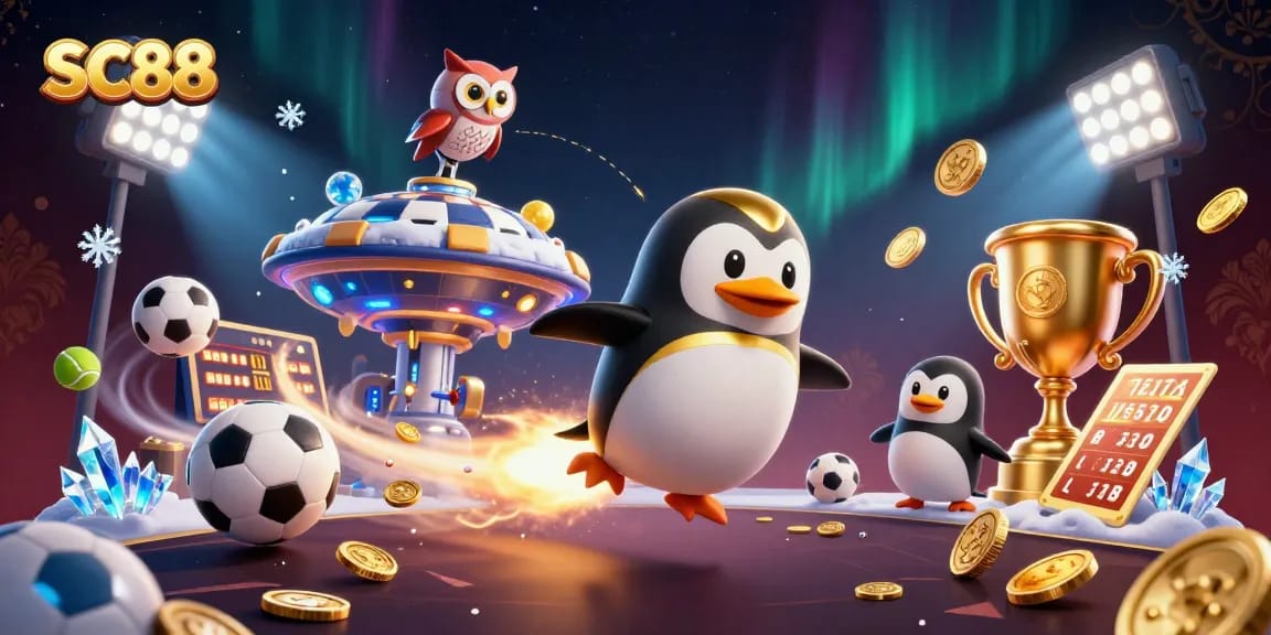 Experience the excitement of SC88 with a golden penguin, casino elements, and vibrant sports imagery.