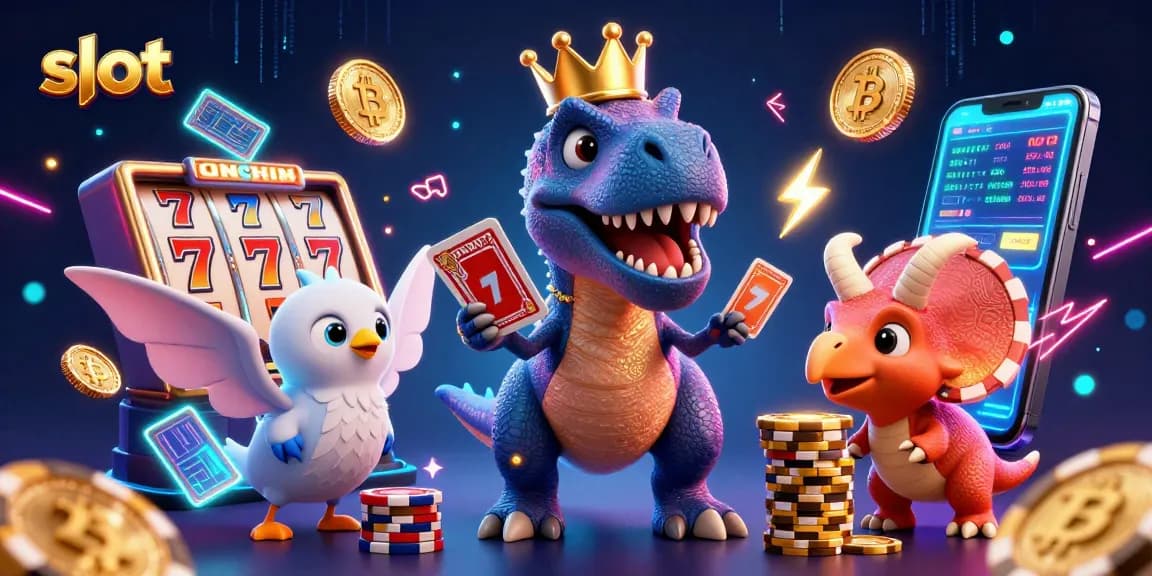 Spin the slot reels with a T-Rex and friends stacking chips in a vibrant casino scene.