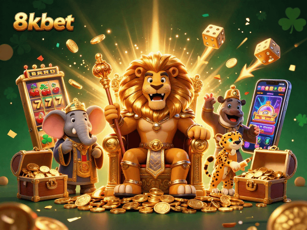 Experience the excitement of 8xbet casino with a dynamic scene of a lion king, elephant advisor, and cheetah messenger.