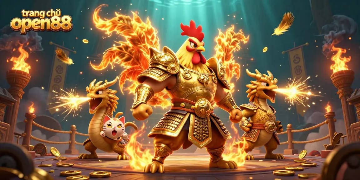 Experience thrilling action on trang chủ open88 with fierce rooster warrior and dragon in a vibrant casino arena.