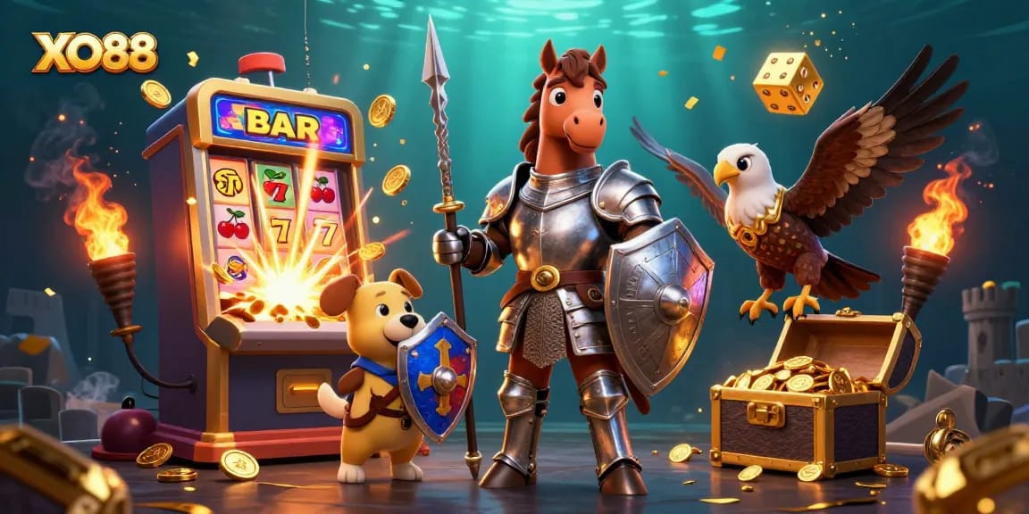 Experience excitement with XO88 in this vibrant 3D casino illustration showcasing characters and winning elements.