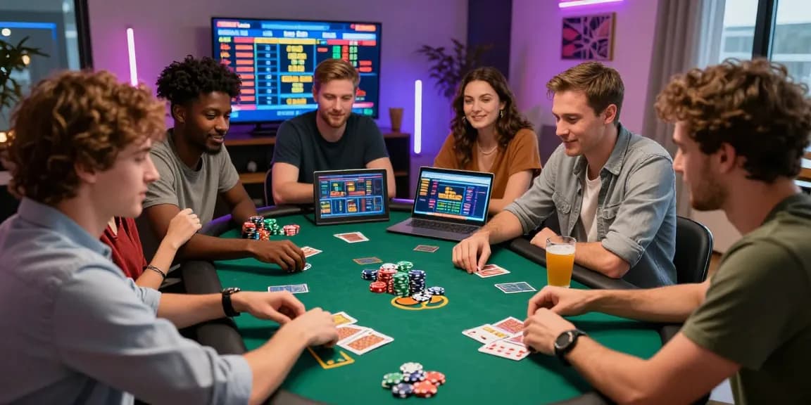 LUCK8 gaming scene with friends playing cards and engaging in lively online betting discussion.